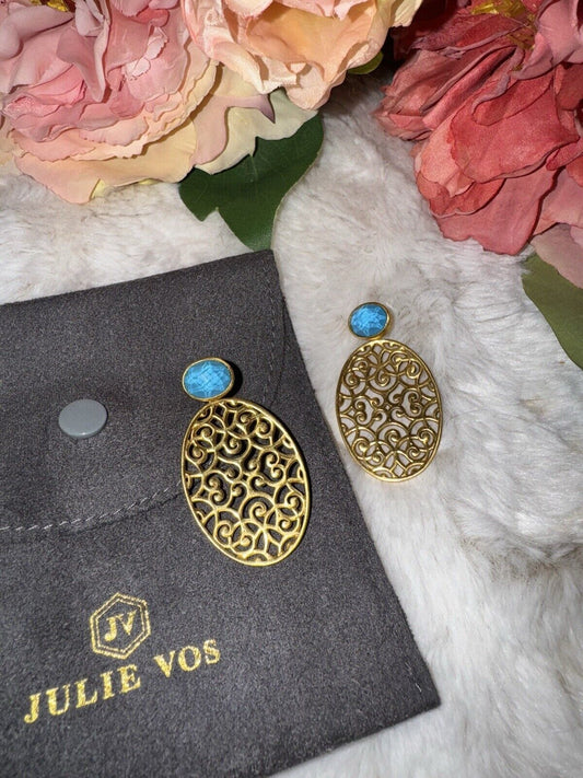 Julie Vos Pacific Blue 24k Gold Plated Statement Earrings Dangle Drop Stud