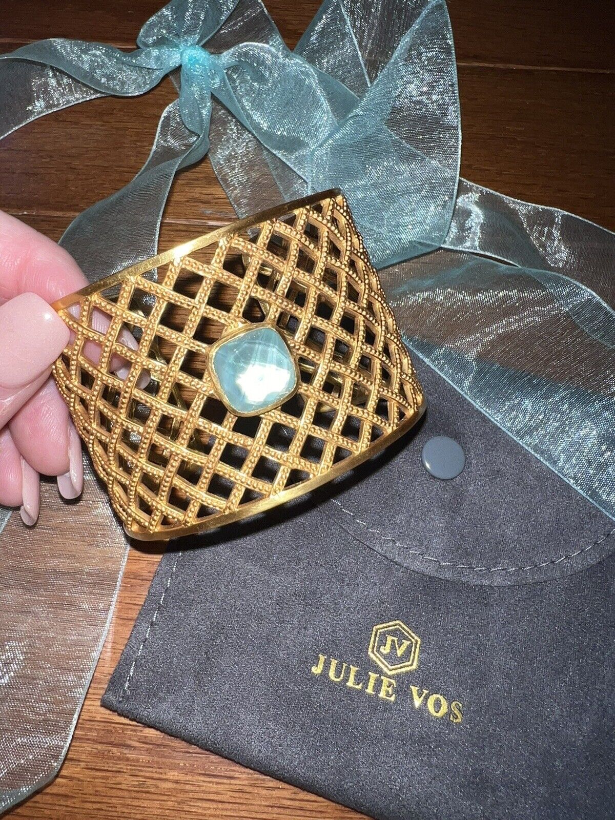 Julie Vos Basketweave Cuff W/ Iridescent Blue Stone Bracelet 24k Plate