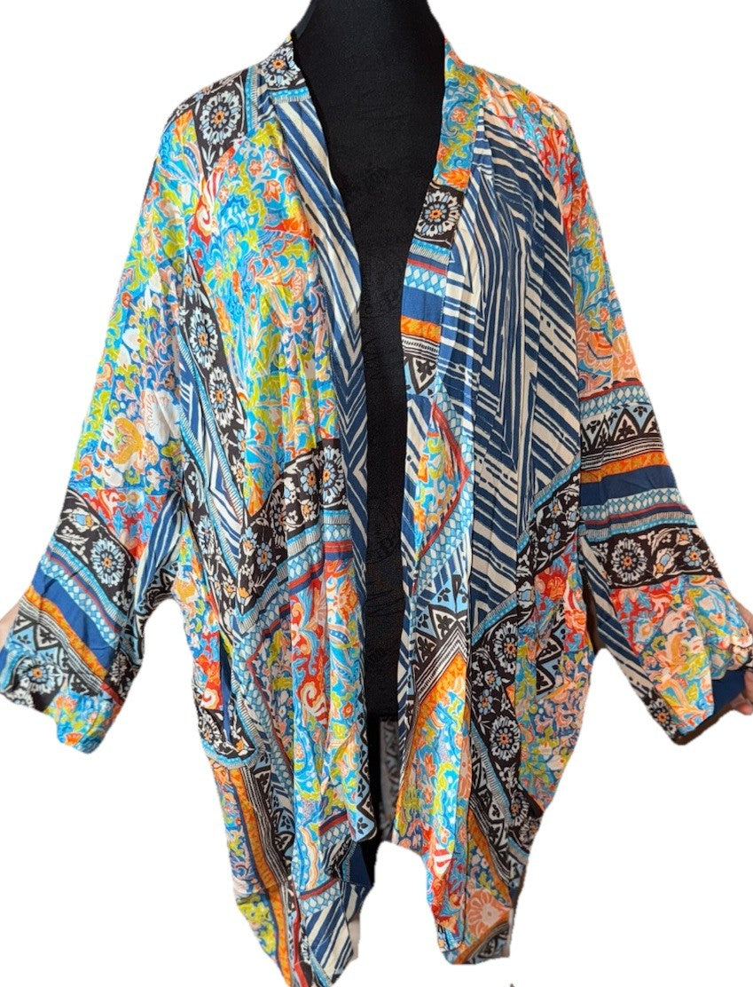 Johnny Was XL Silky Kimono Duster Jacket BOHO Flowy Top Lightweight Cool Color Johnny Was