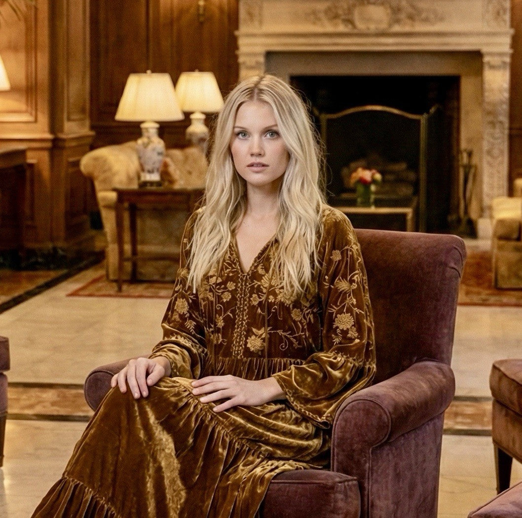 JOHNNY WAS L Large Golden Brown Velvet Midi Dress Tiered Embroidered Maxi Johnny Was