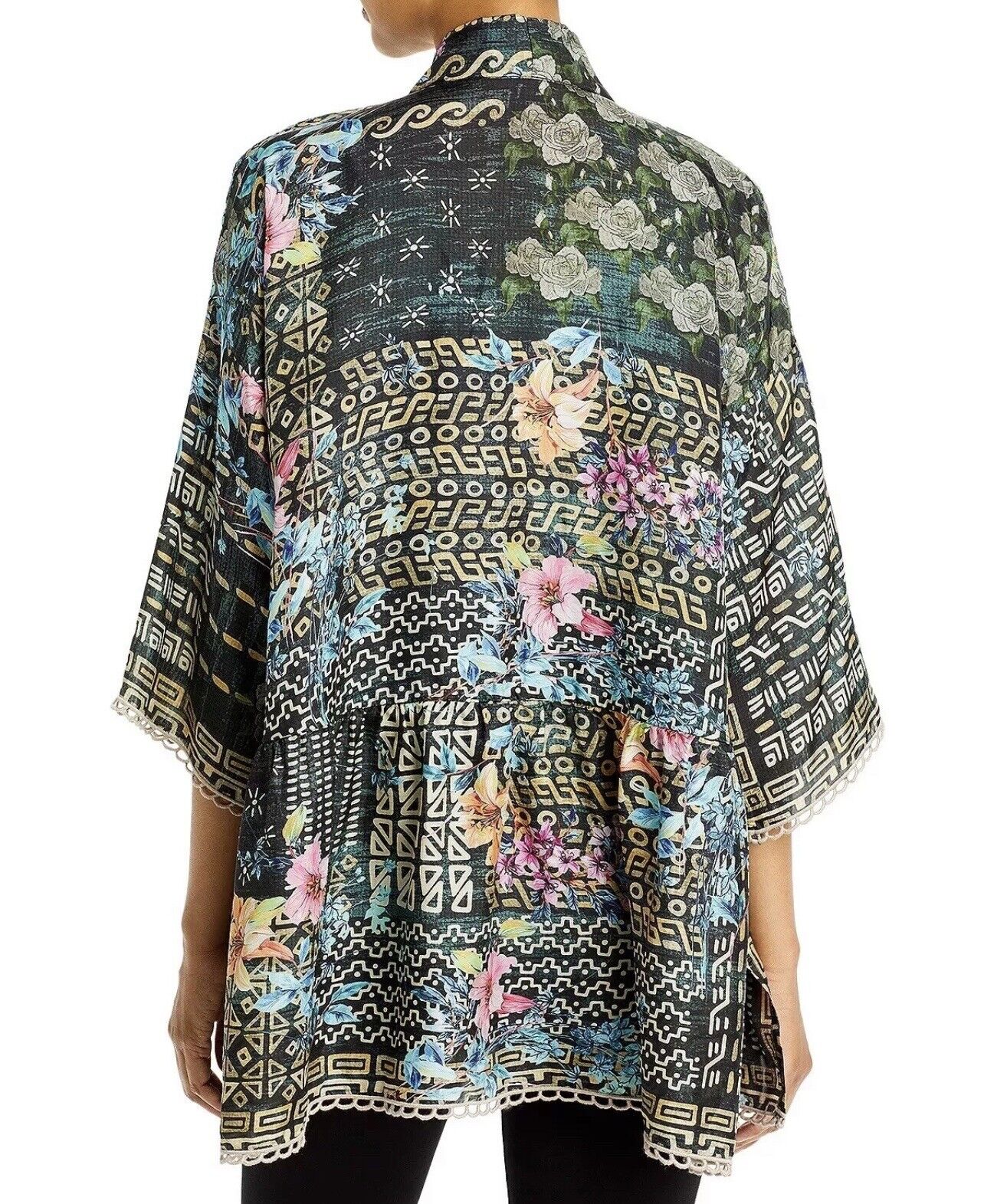 Johnny Was 100% Silk Kimono Sz M Tunic Top Black Floral Wrap