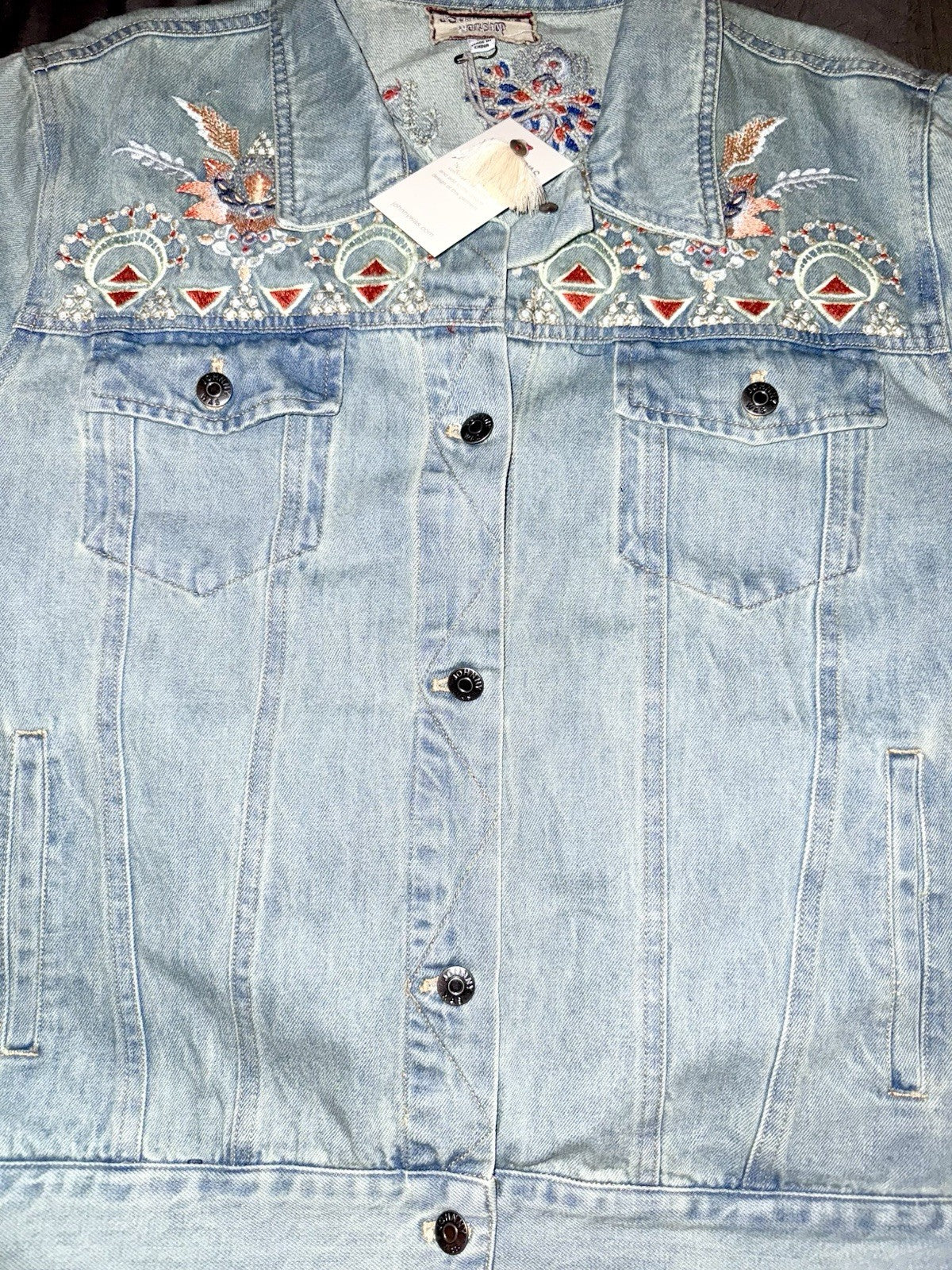 Johnny Was XL Denim Jacket Worker Coat Embroidered Phoenix Bird Light Wash Johnny Was