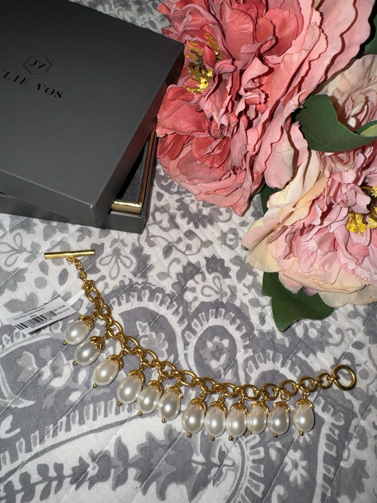 Julie Vos Pearl Charm Link Bracelet Toggle 24k Gold Plated   RETIRED Julie Vos