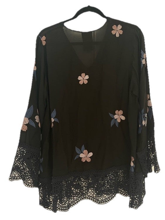 Johnny Was L Black Peasant Blouse Tunic Top Embroidered Lightweight Cool BOHO Johnny Was