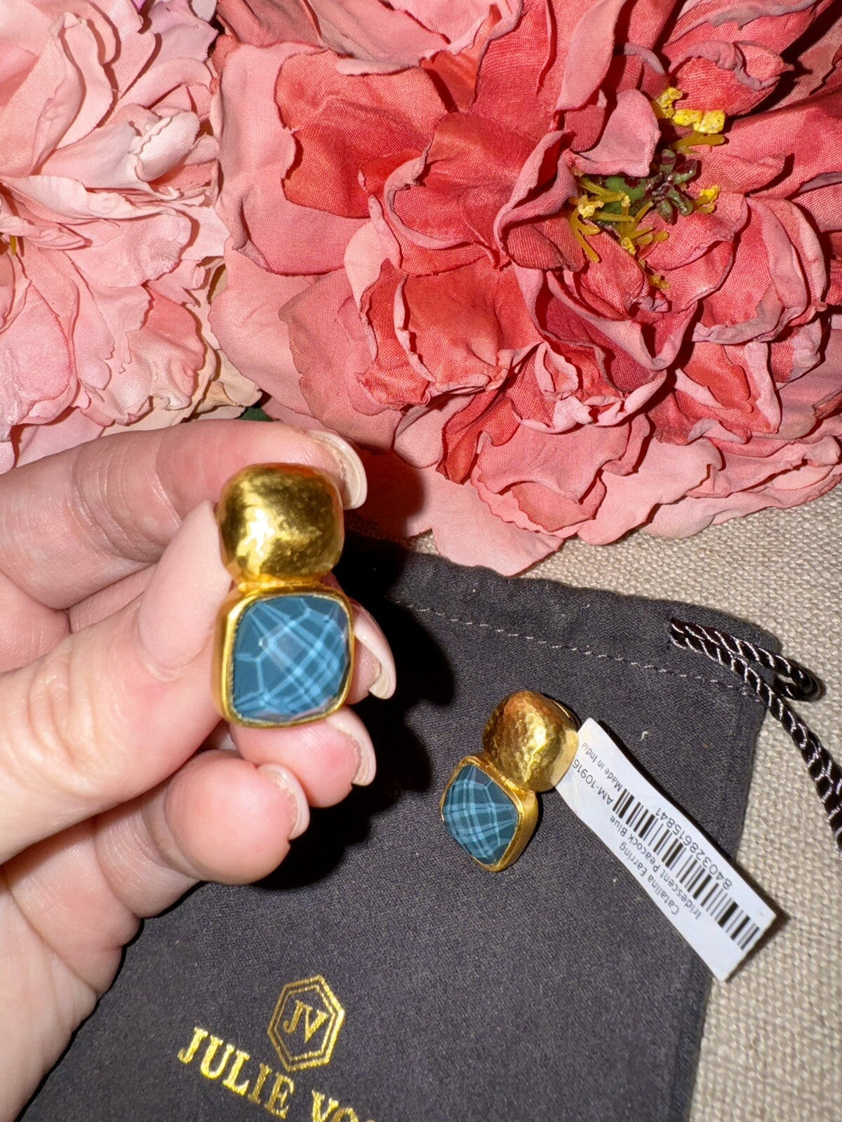 Julie Vos Iridescent Peacock Blue Crystal 24k Gold Plated Earrings Julie Vos