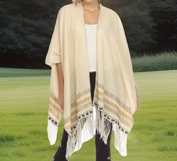 JOHNNY WAS O/S Poncho Linen Blend Cream One Size Open Front Fringe Boho FALL