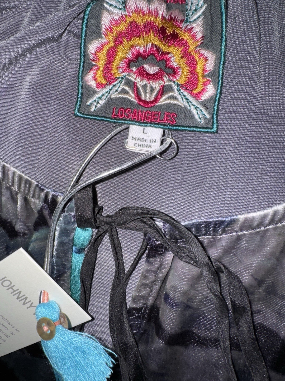 Johnny Was L Large Blue Velvet Peasant Blouse Shirt Tunic Top BOHO Roses Johnny Was