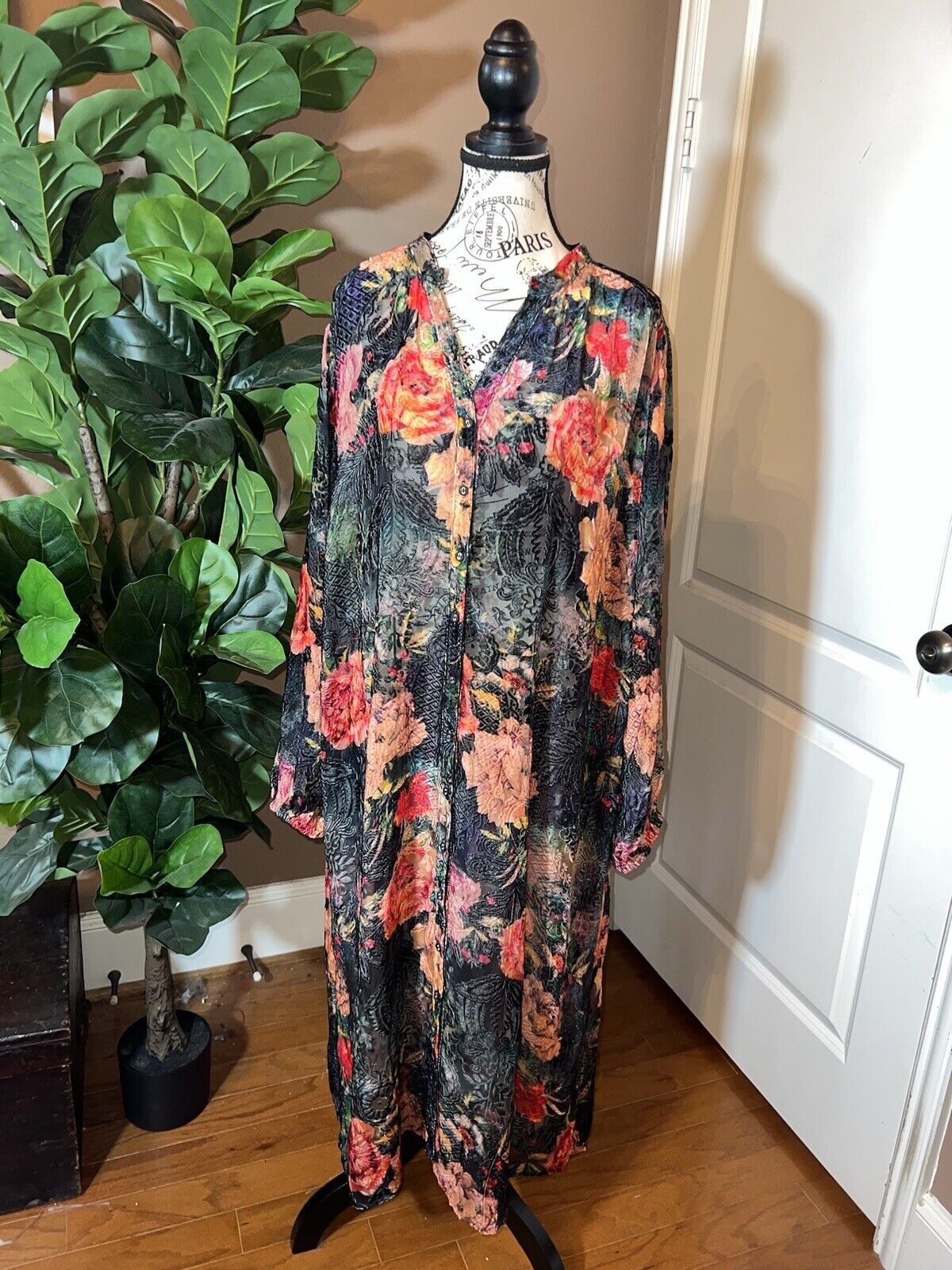 Johnny Was 1X XL Burnout Velvet Long Dress Kimono Duster Wrap Button Up