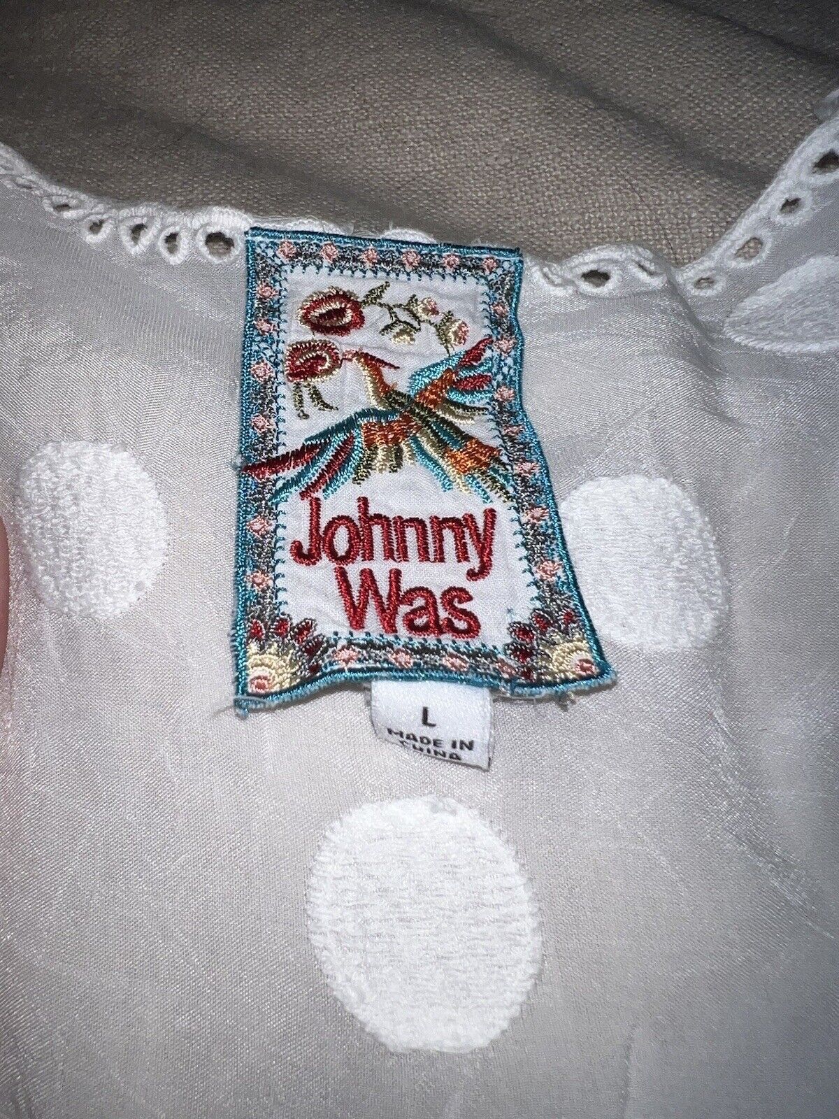 Johnny Was Silky Soft White Kimono Top Floral Eyelet Lace Sz L  Large SPRING