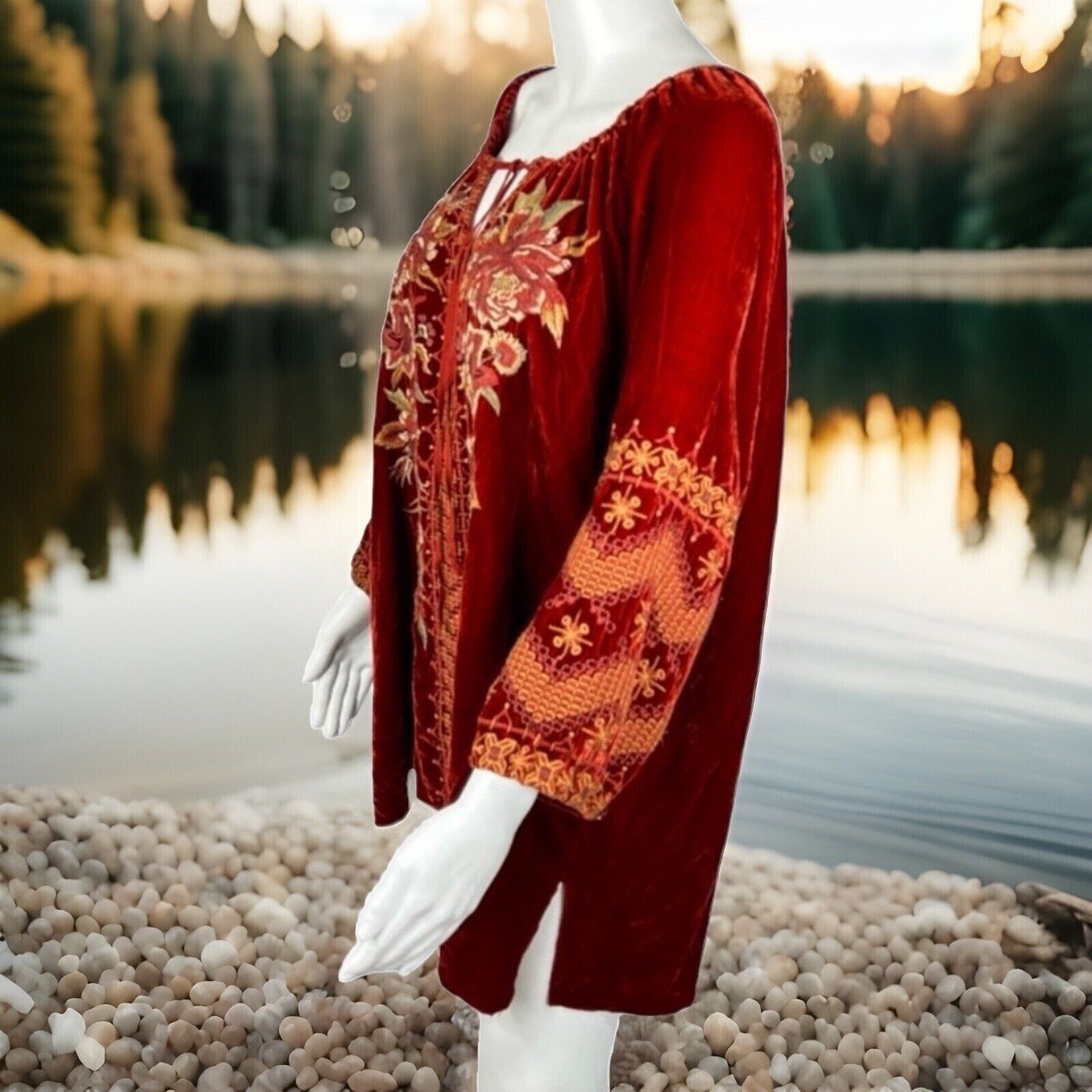 Johnny Was 1X Orange Red Velvet Embroidered Roses Tunic Top Peasant Blouse