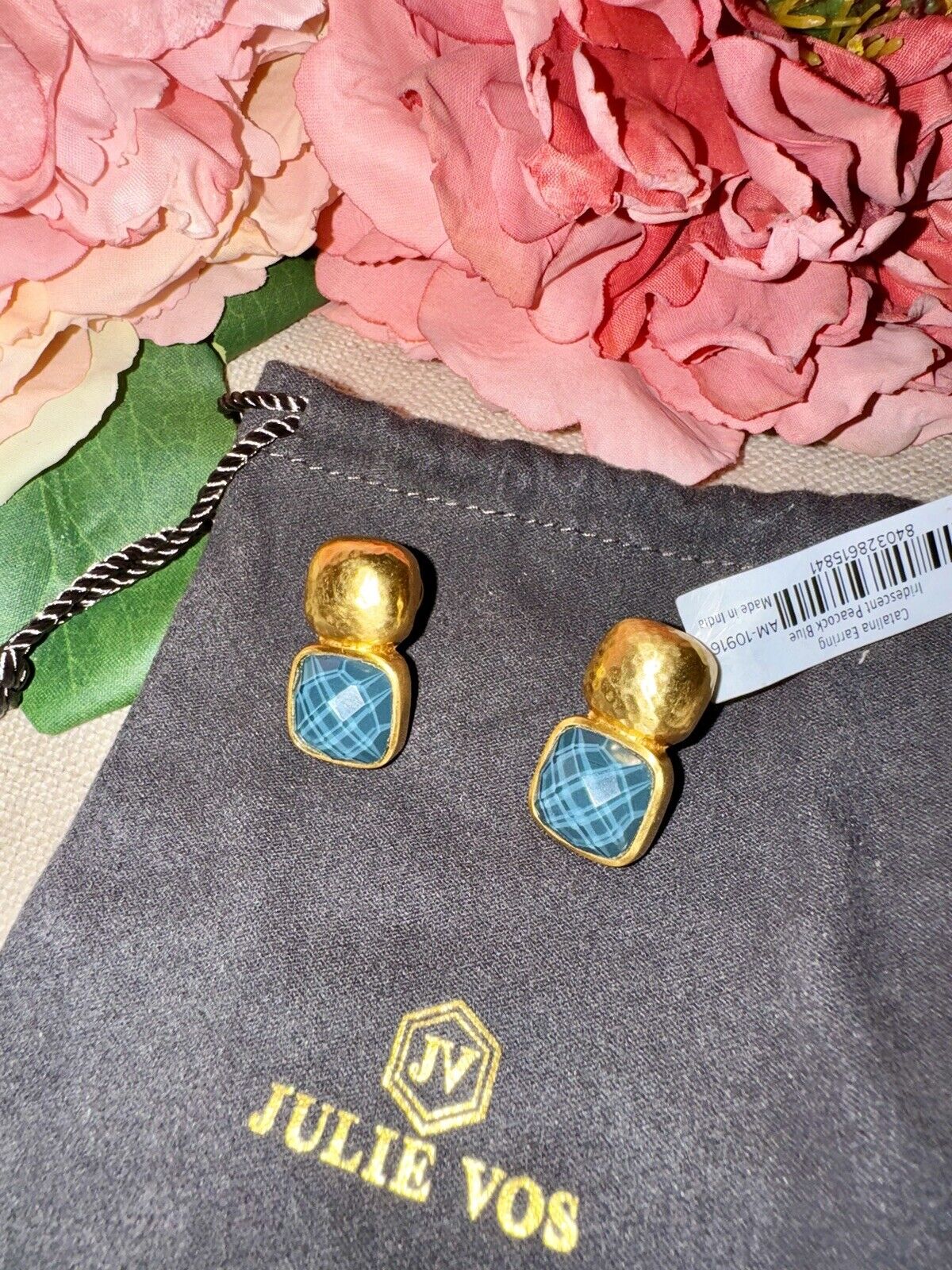 Julie Vos Iridescent Peacock Blue Crystal 24k Gold Plated Earrings