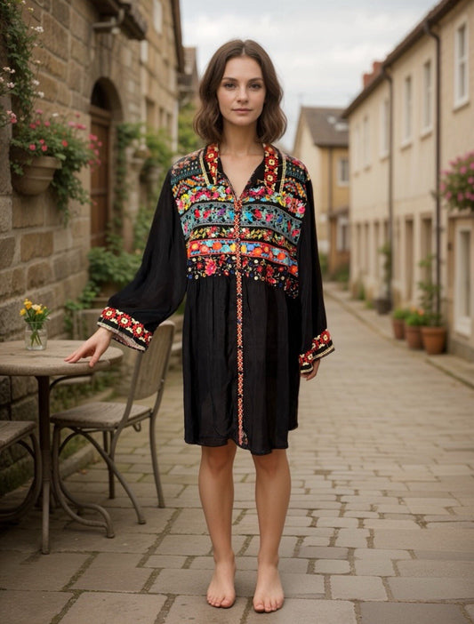 Johnny Was XXL Button Up Tunic Top Black Embroidered Floral Shirt Blouse Johnny Was