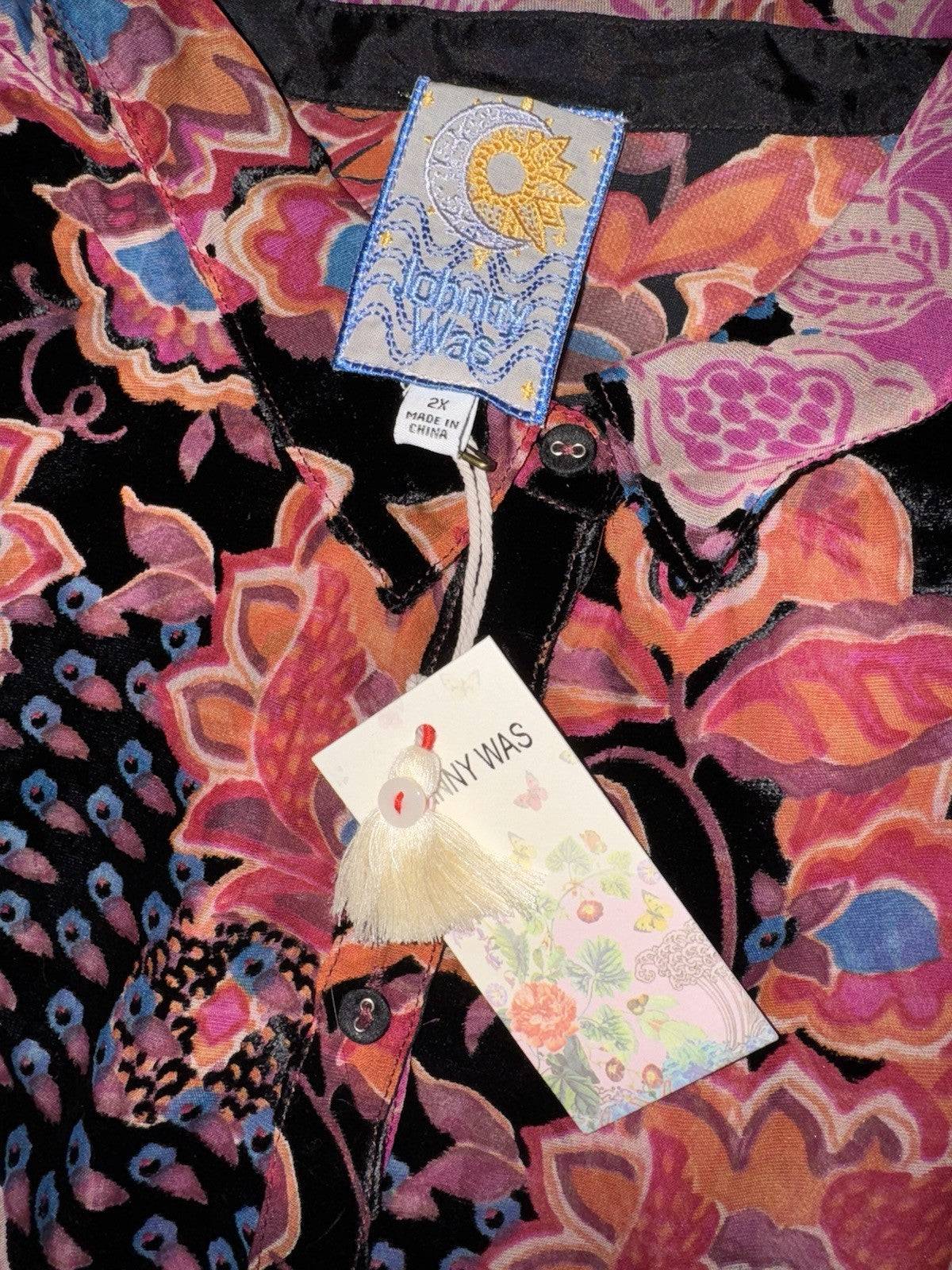 Johnny Was 2X Plus Button Up Blouse & Cami Burnout Silk & Velvet Top Pink & Red Johnny Was