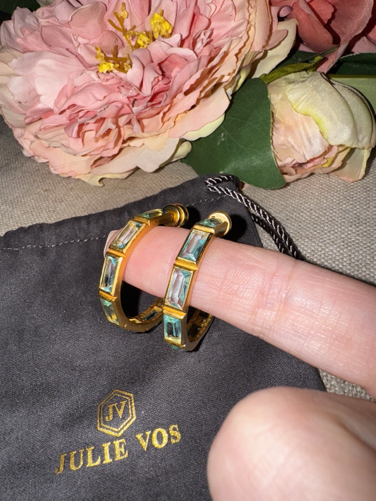 Julie Vos Baguette Clear Blue & 24k Gold Plated Hoop  Earrings 1.25” Julie Vos