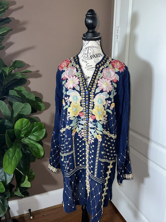 Johnny Was Silky Floral Heavily Embroidered Tunic Top Mini Dress L  Kimono