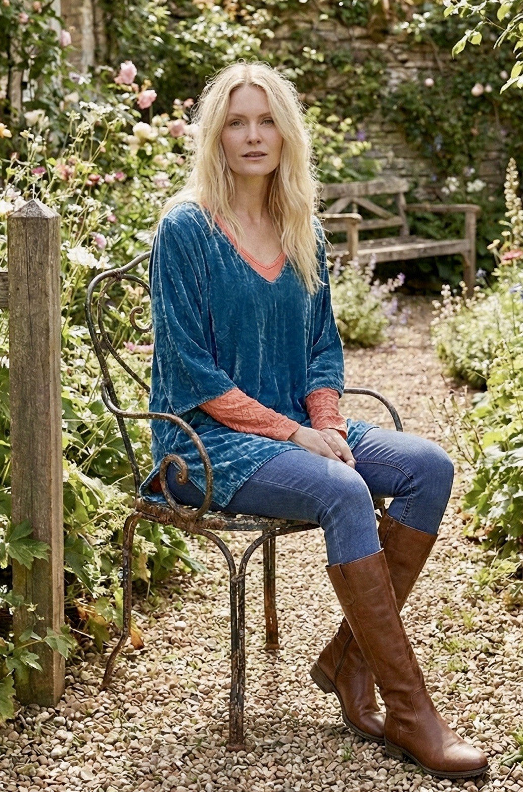 2 pc Johnny Was Large Teal Blue Velvet & Silk Tunic Top FREE Matching Undershirt Johnny Was