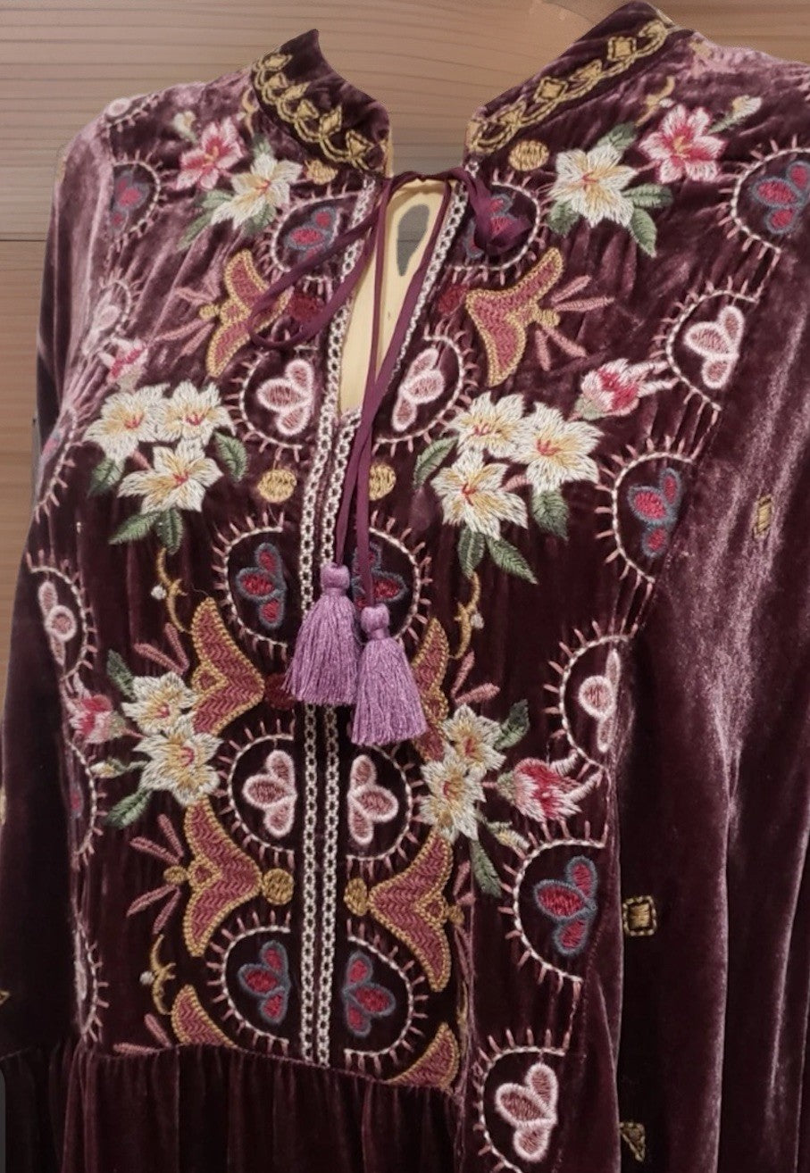 Johnny Was 1X Plus Burgundy Velvet Mini Shift Dress Peasant Tunic Embroidery Johnny Was