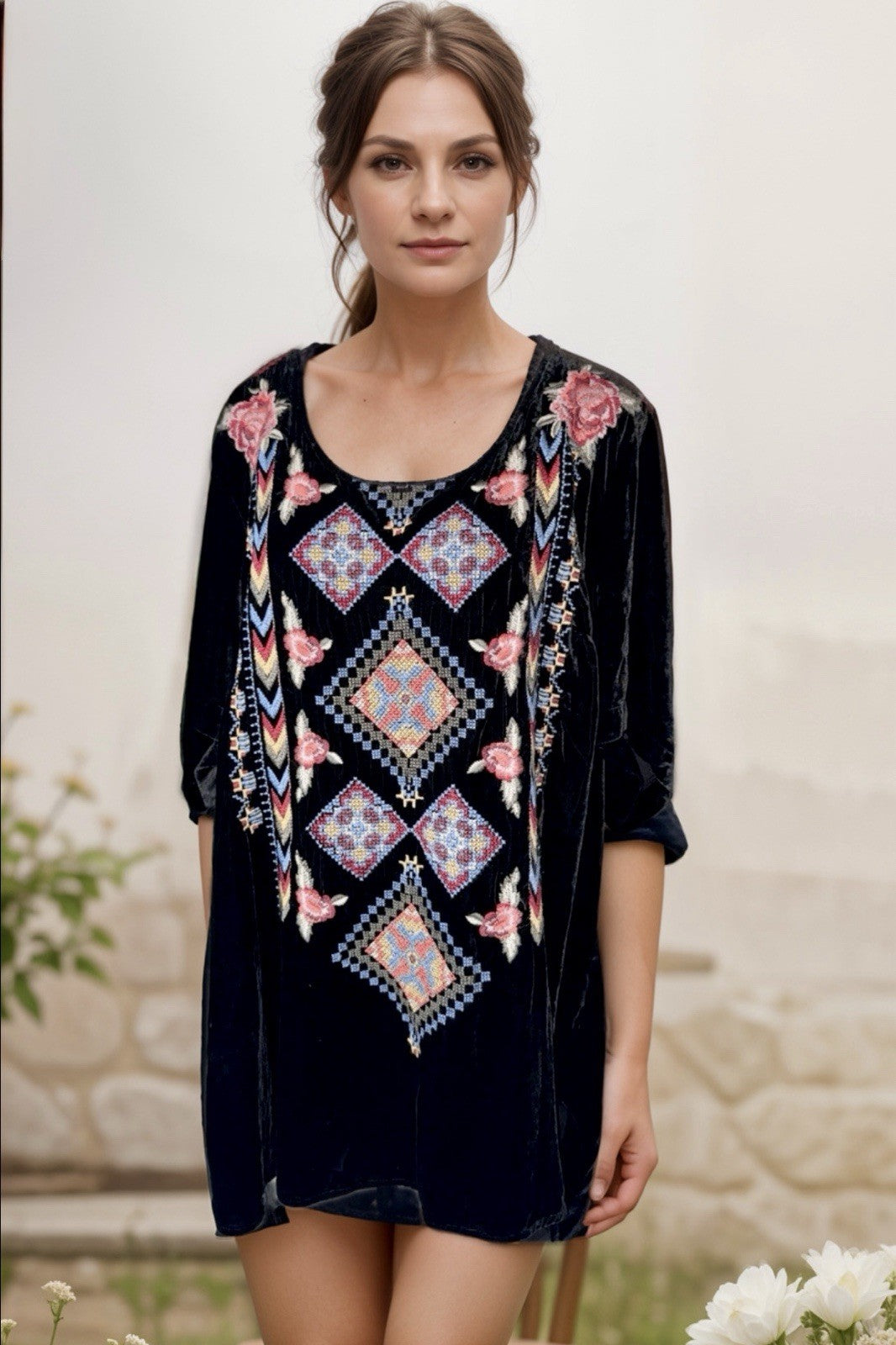 Johnny Was XL Black Velvet Tunic Top Heavily Embroidered Blouse Shift Bohemian Johnny Was