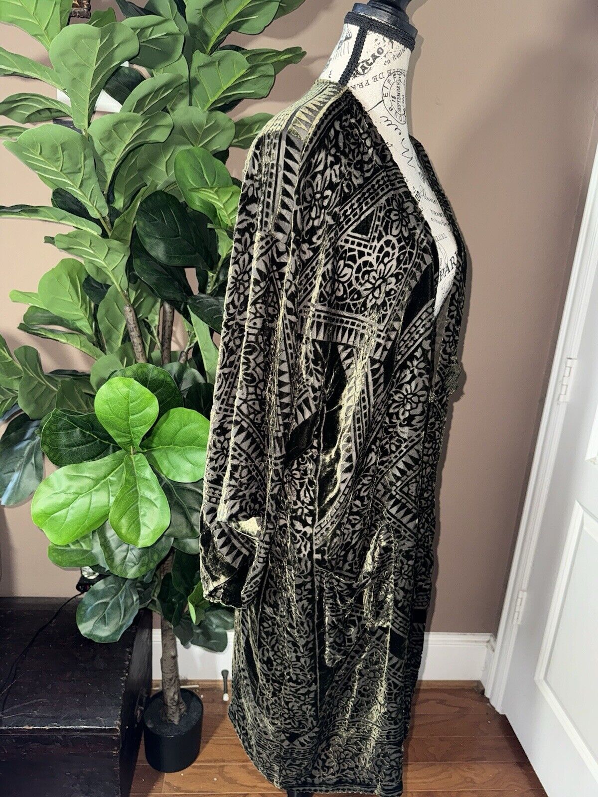 Johnny Was XL Deep Green Burnout Velvet Long Kimono Duster Wrap Jacket