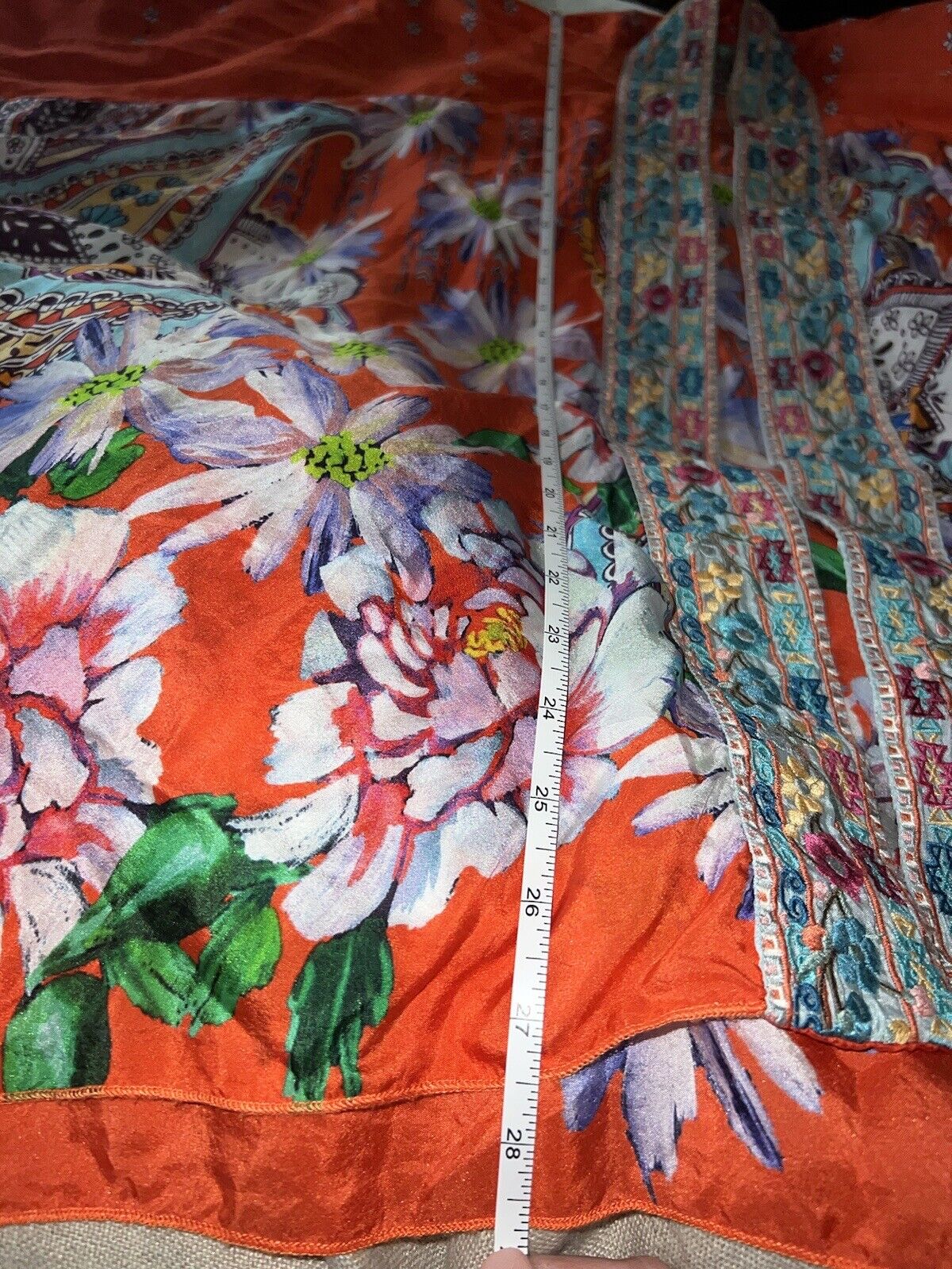 New Johnny Was 100% Silk Kimono XL 1X Embroidered Floral Handkerchief Hem