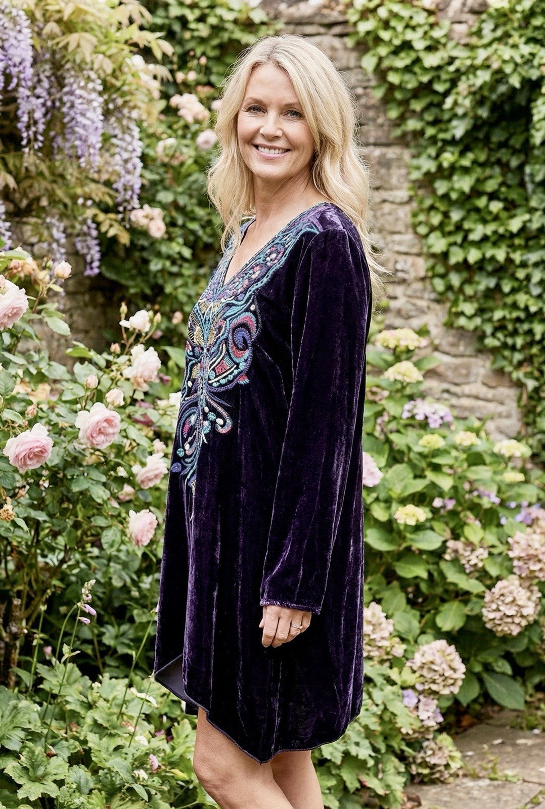 Johnny Was M Deep Purple Velvet Mini Shift Dress Butterfly Embroidered Tunic Top Johnny Was