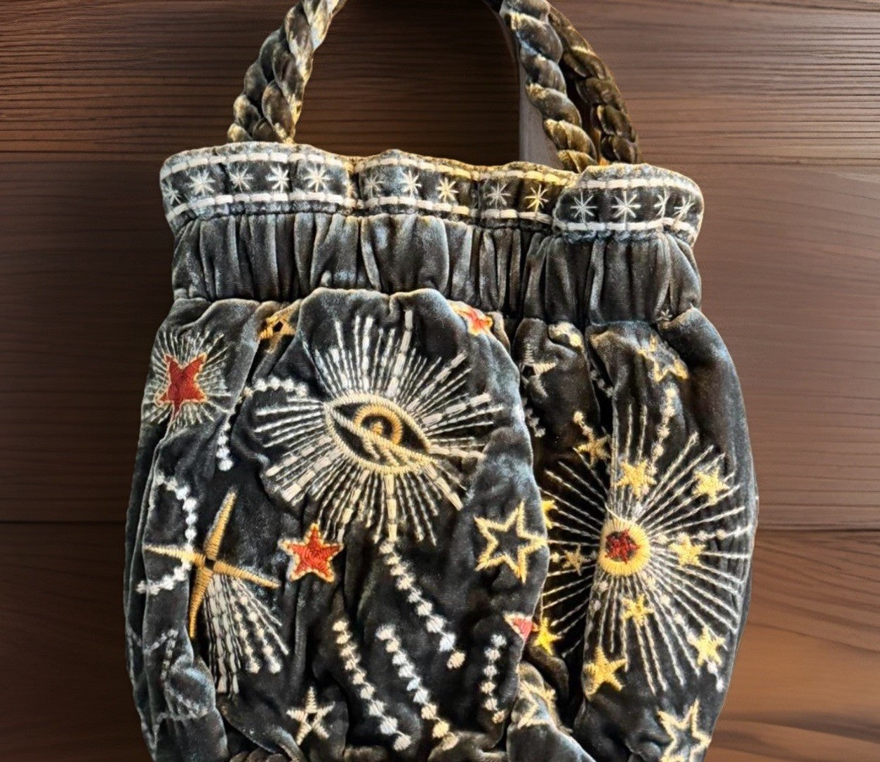 Johnny Was Grey Velvet Hobo Bucket Bag Tote Purse Embroidered Celestial Johnny Was