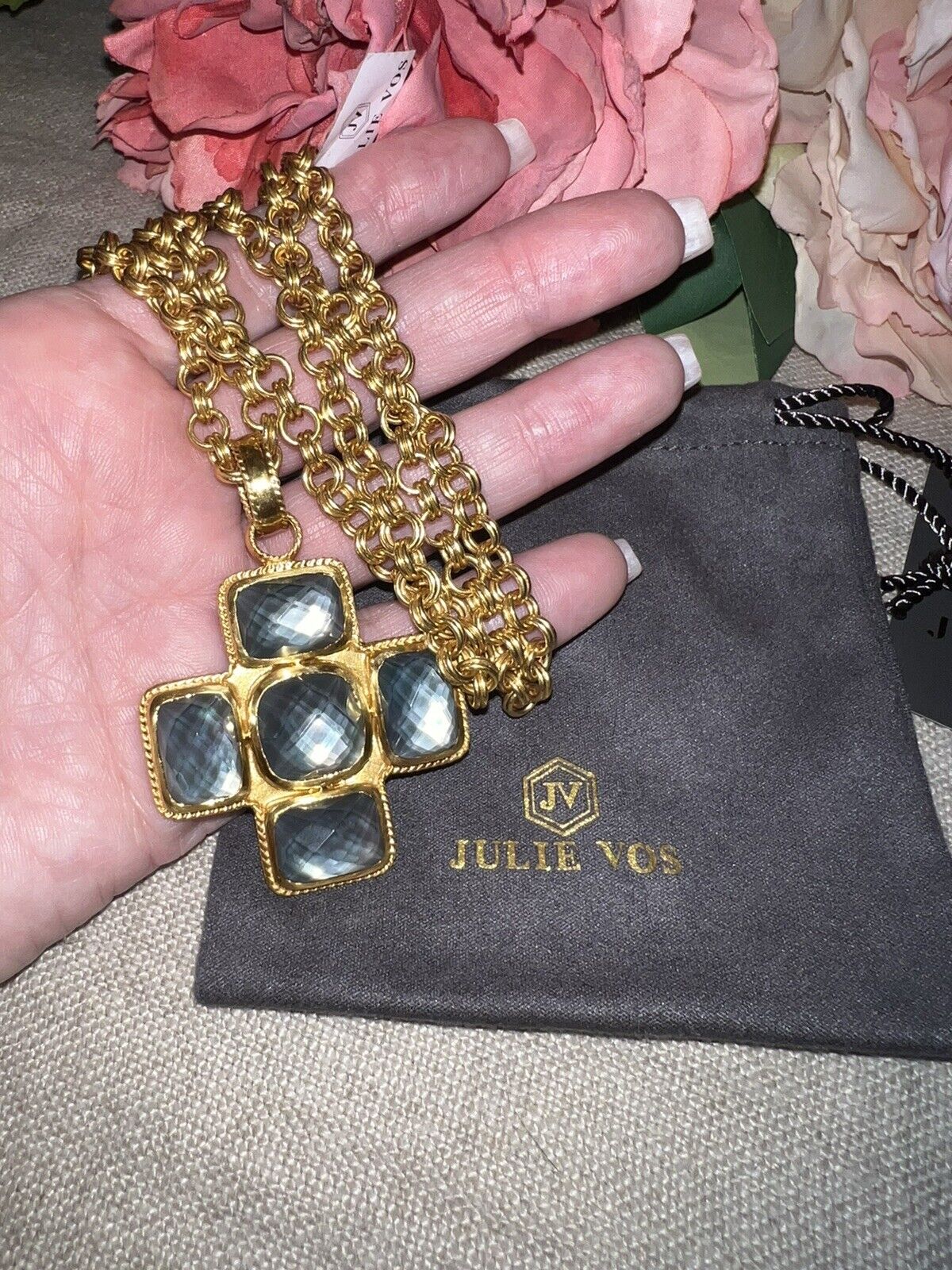 Julie Vos Charcoal Blue & 24k Gold Plate Cross Statement Necklace & Pendant