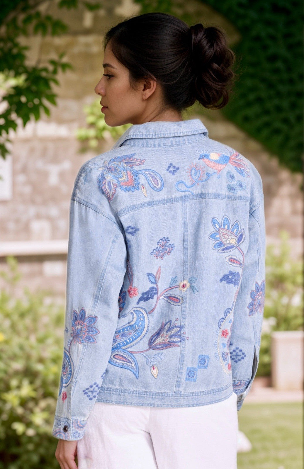 Johnny Was 2X Plus Denim Worker Jacket Coat Embroidered Birds & Paisley Johnny Was