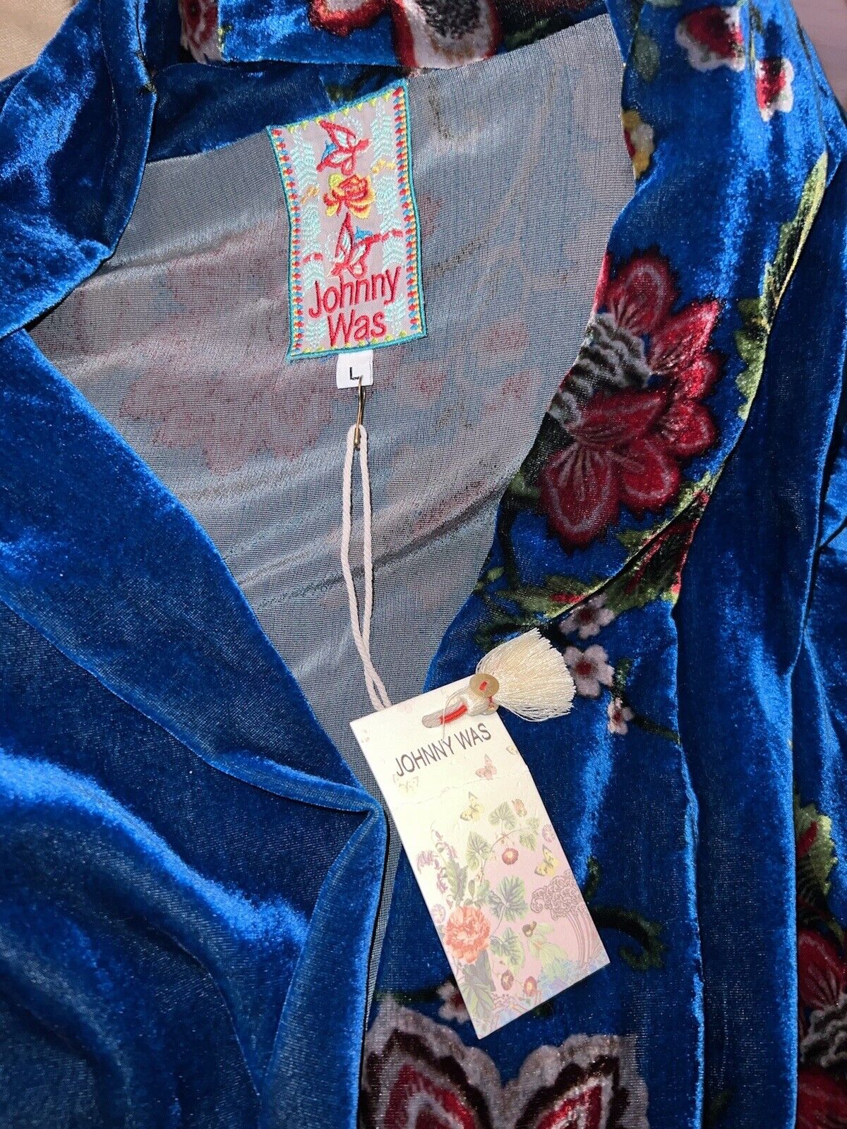 Johnny Was Blue Floral Velvet Sz L Large Kimono Wrap Gorgeous Colors