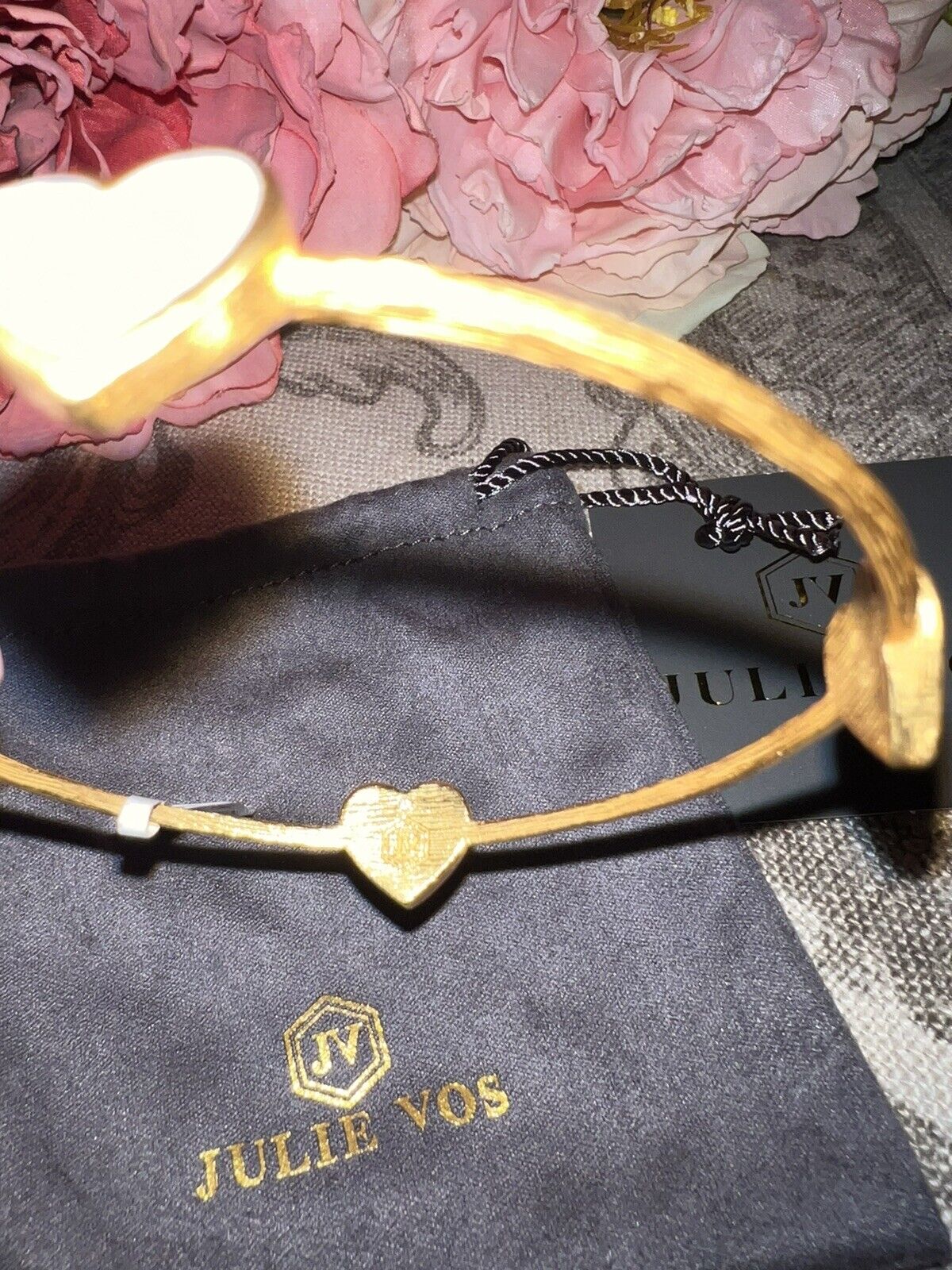 NEW Julie Vos Mother Of Pearl Four Station Heart Bangle Bracelet 24k Plated NWT