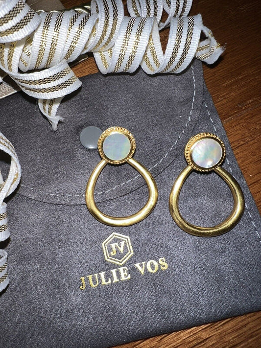 Julie Vos Mother Of Pearl Hanging Hoops 24k Gold Plate Earrings