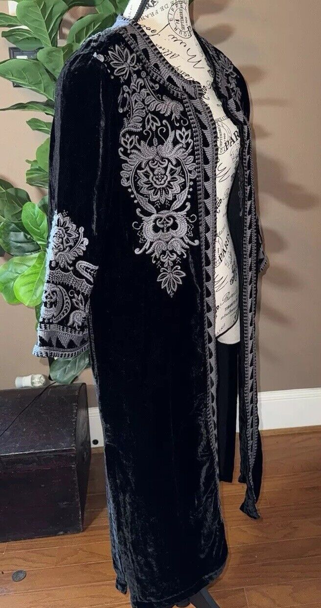 Johnny Was M Long Black Velvet Kimono Wrap Jacket Duster Embroidery Oversize