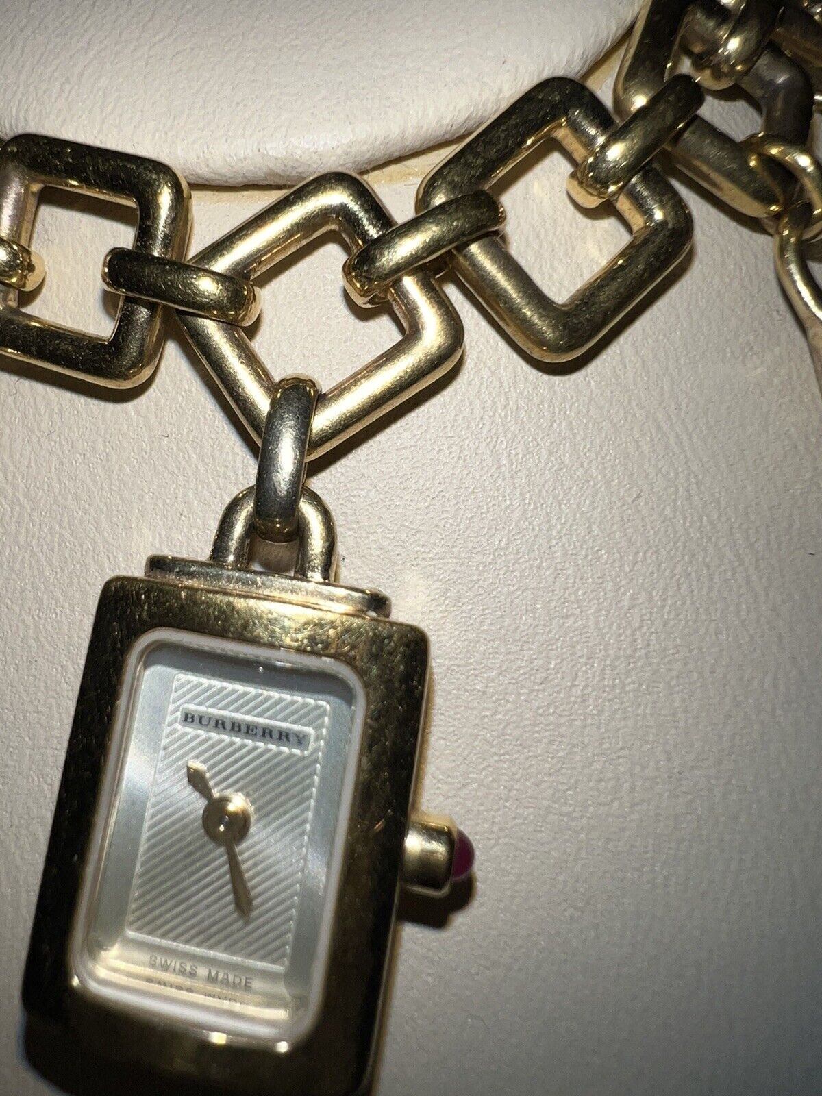 BURBERRY Gold Plated Charm Bracelet Watch RARE Box, Manuals, Tags Needs Battery