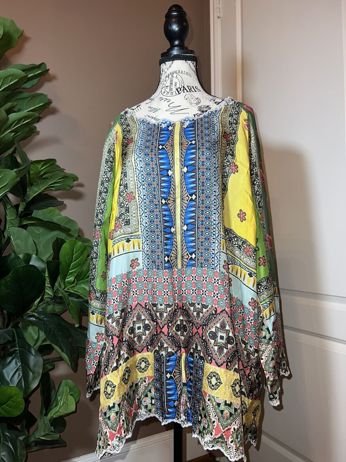 100% Silk Johnny Was Tunic Top 1X 1XL Kimono Sleeves Colorful Spring