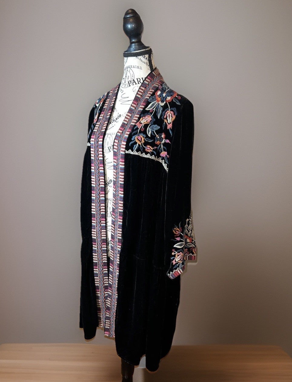 Johnny Was L Large Long Black Velvet Kimono Wrap Jacket Duster Oversized Aztec Johnny Was