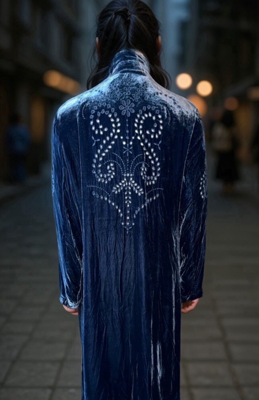 Johnny Was M Blue Velvet Long Kimono Duster Wrap Coat Eyelet Lace Cutout