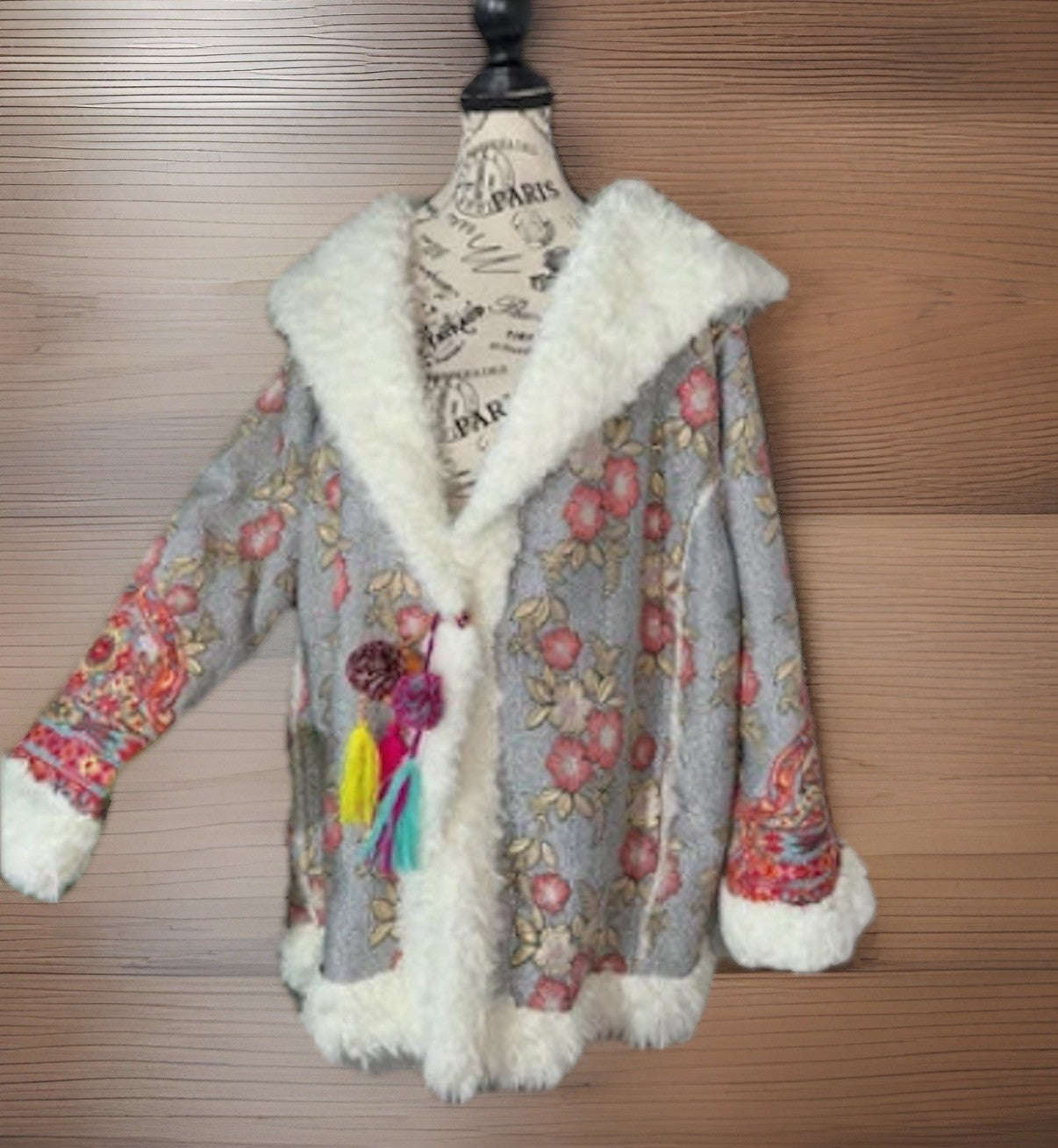 Johnny Was XXL Plus Faux Fur Sherpa Coat Jacket Silver & Pink Shearling Tassels Johnny Was