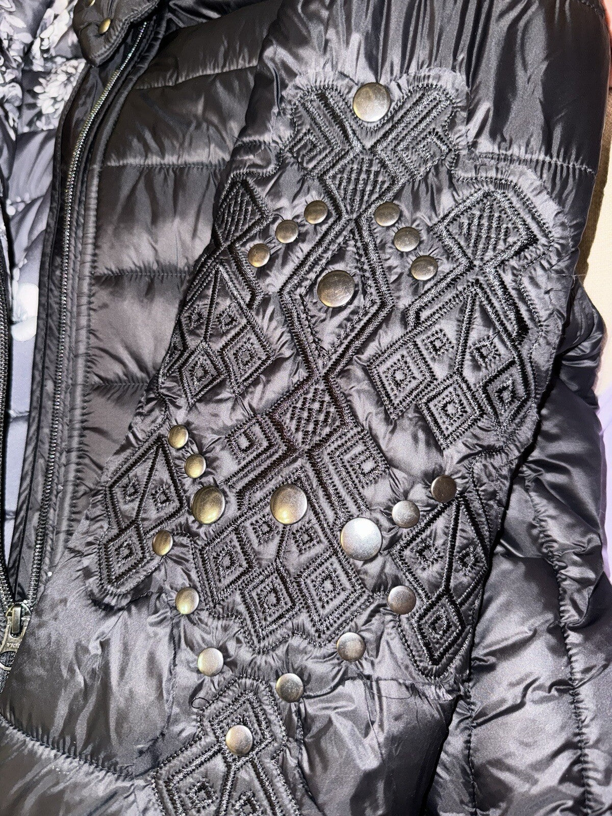 Johnny Was XL Black Puffer Coat Jacket Embroidery On Sleeves $598 Retail Johnny Was