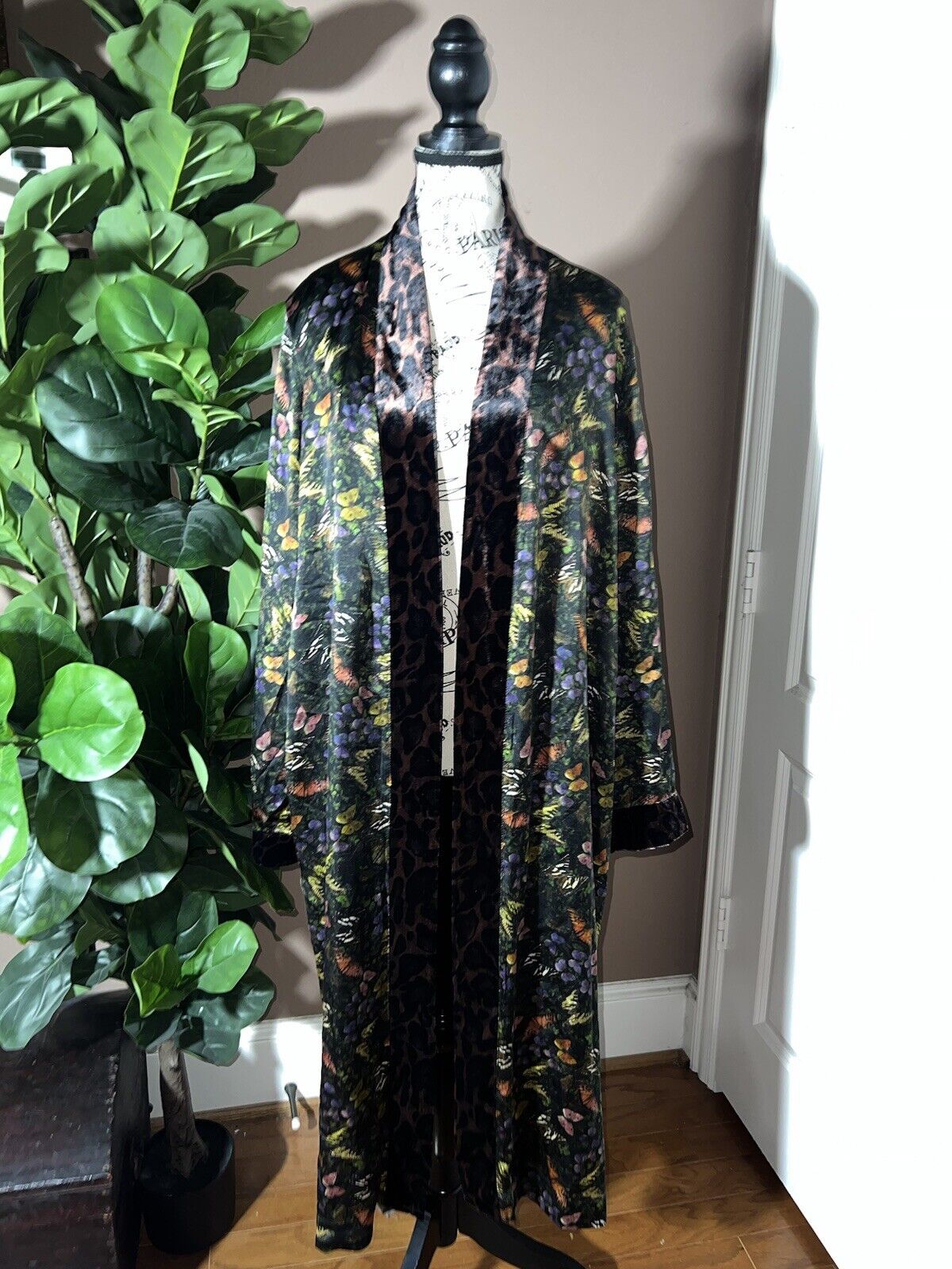 Johnny Was Velvet & Silk Long Kimono Duster L Large Butterflies & Leopard