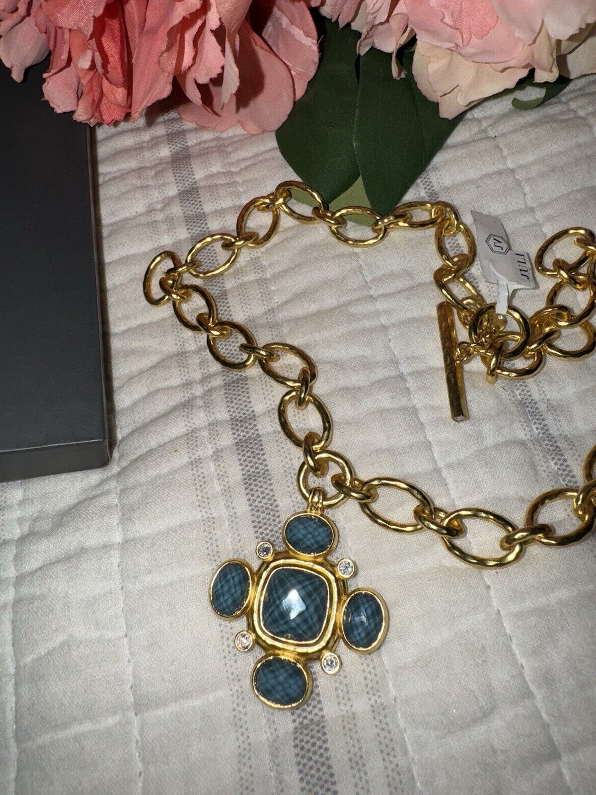 Julie Vos Statement Necklace Peacock Blue & 24k Gold Plated Toggle Link