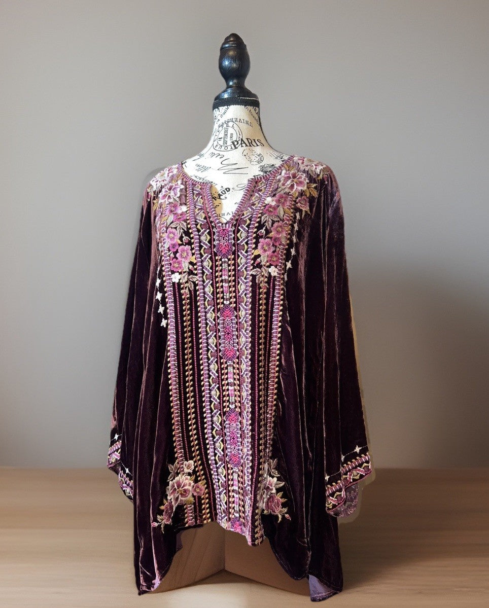 Johnny Was XL Wine Velvet Peasant Blouse Embroidered Tunic Top Kimono Sleeve Johnny Was