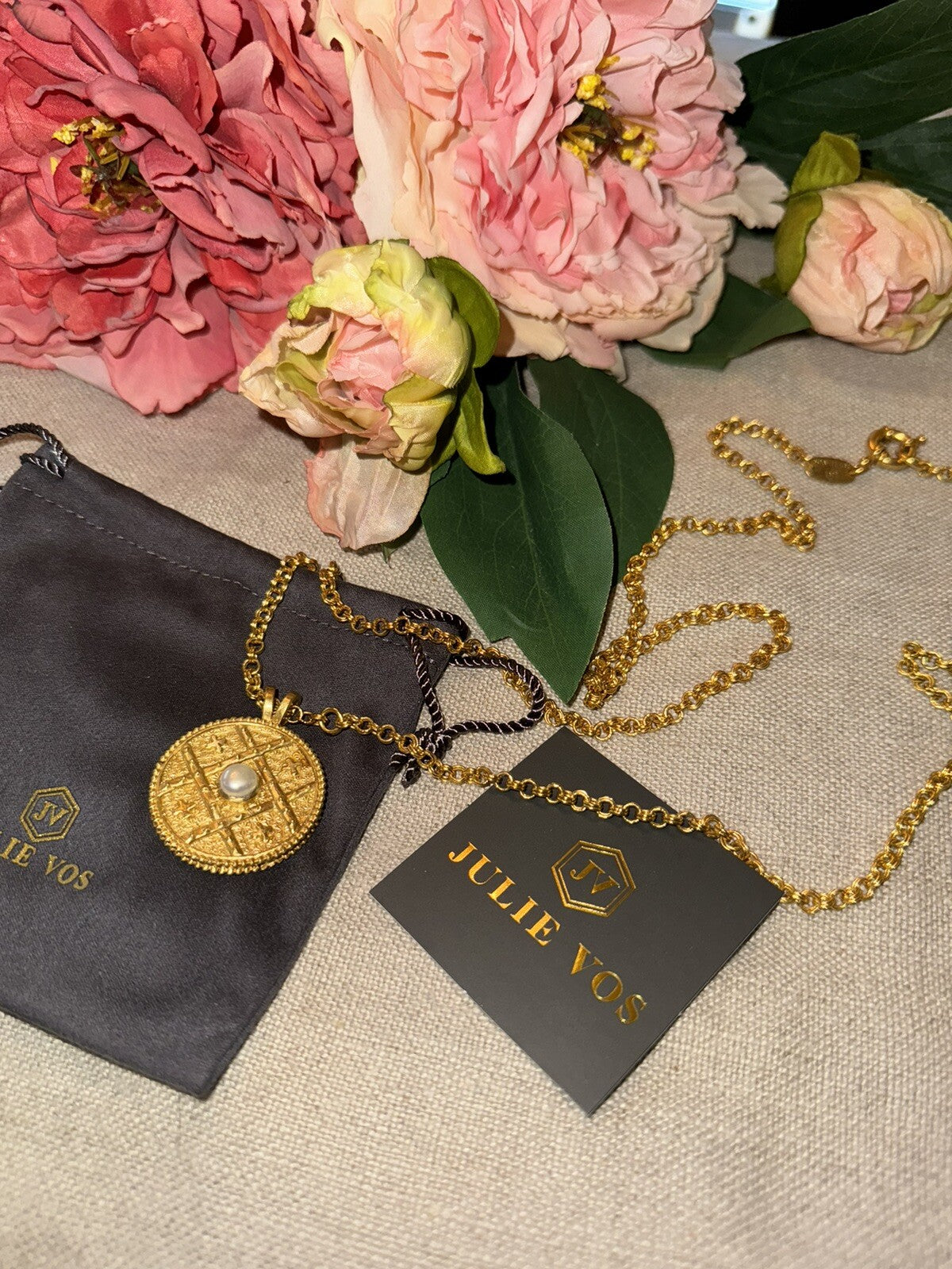 Julie Vos Coin Medallion REVERSIBLE PEARL Pendant Long Link Necklace RETIRED Julie Vos