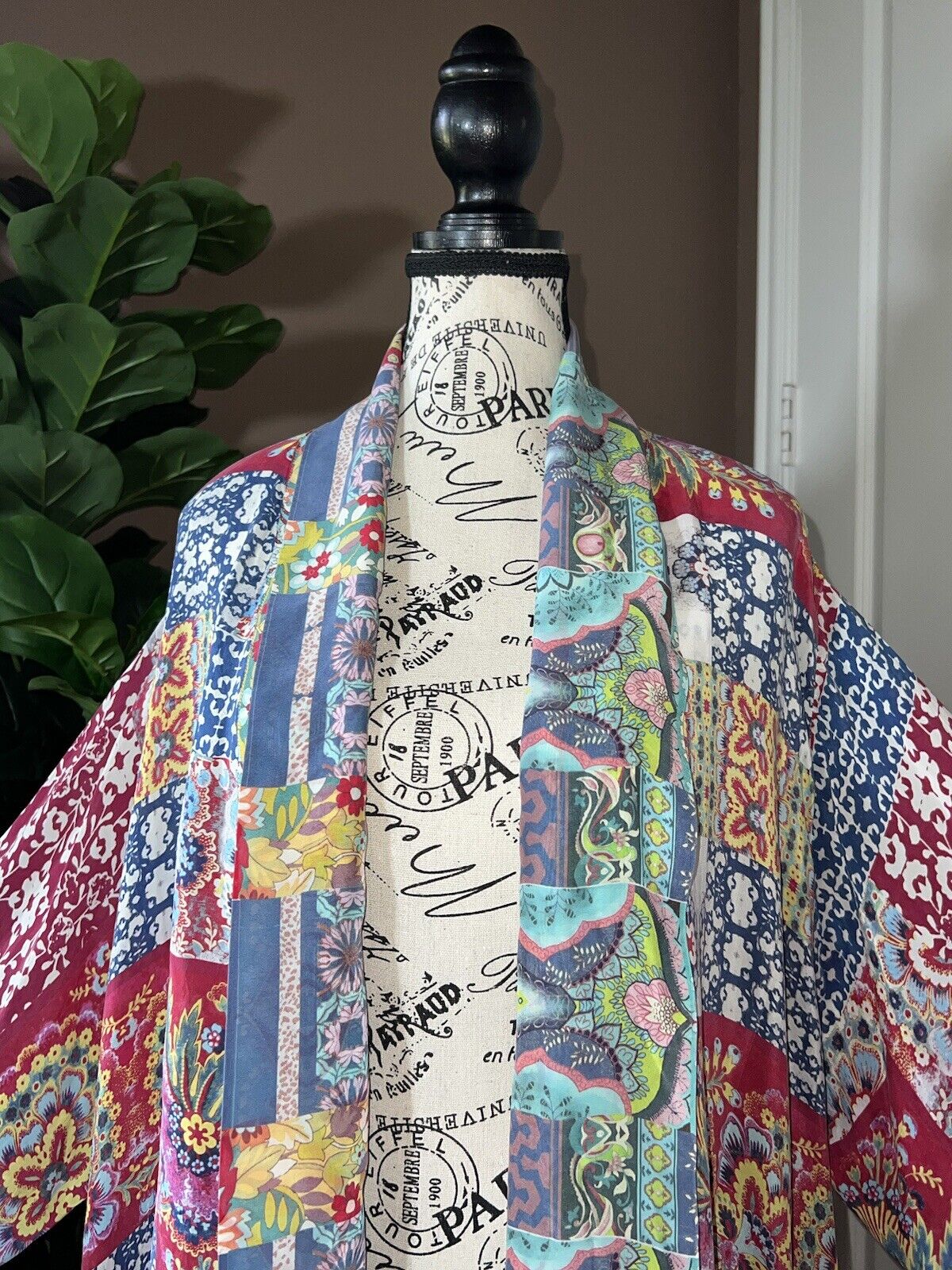 Johnny Was Silky Kimono XXL 2XL 2X Red & Blue Floral Patchwork W/ Pockets SOFT