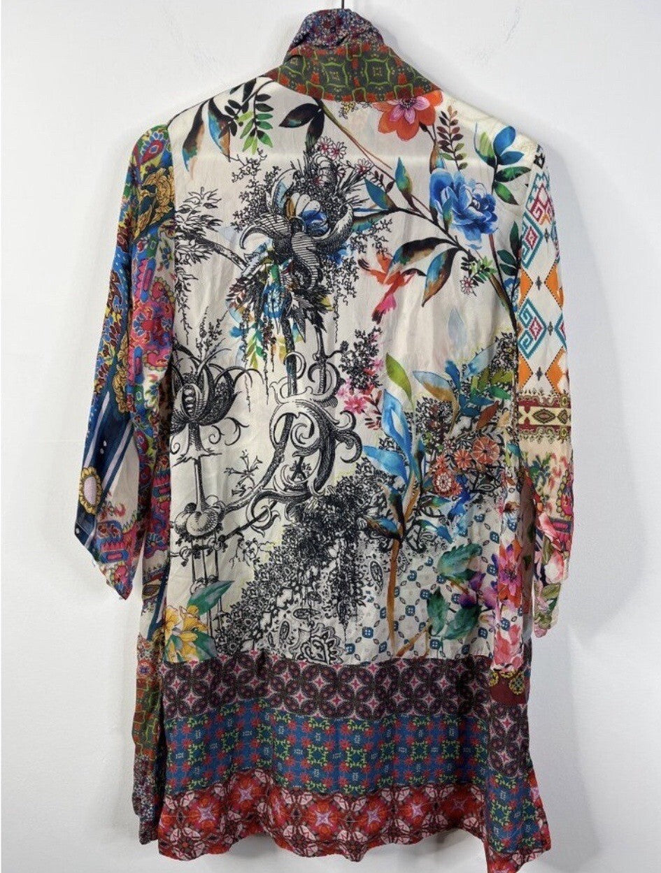 Johnny Was L Silky Kimono Wrap Patchwork Duster Jacket Cool Lightweight BOHO Johnny Was