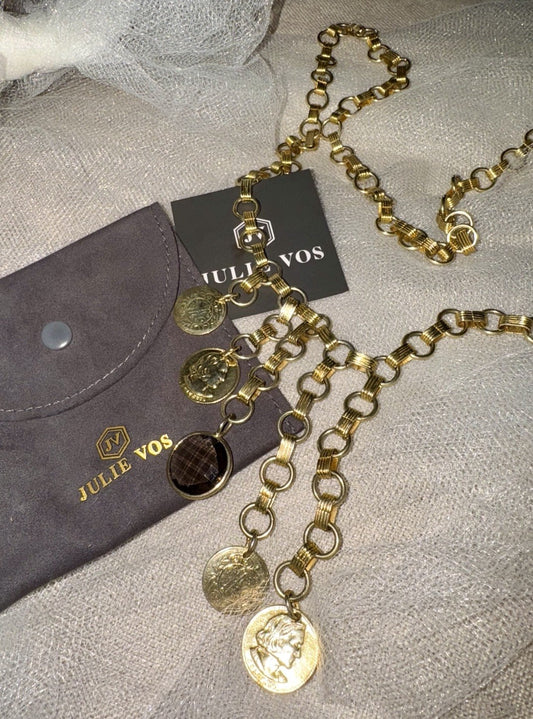 Julie Vos Necklace Smoky Brown Glass & Gold Coin Pendants 24k Plated RETIRED Julie Vos