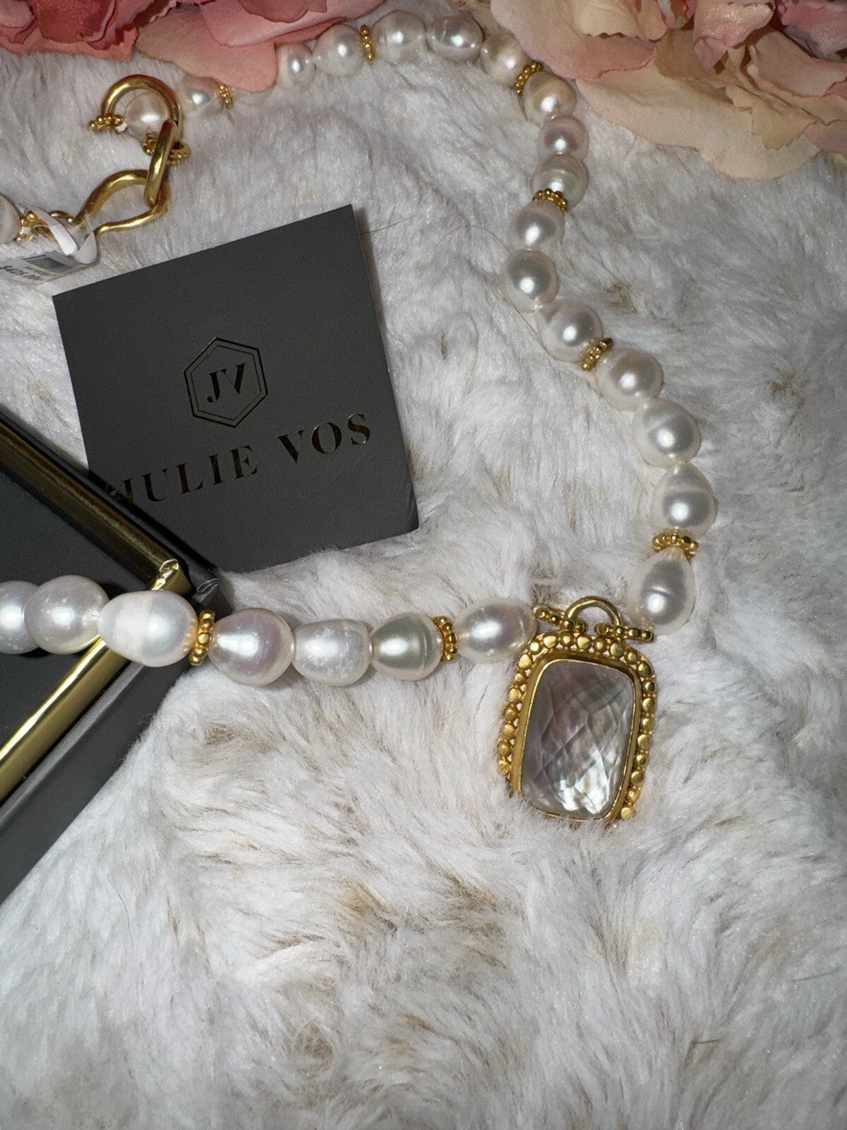 Julie Vos Freshwater Pearl & Clear Statement Necklace 24k Gold Plated Julie Vos