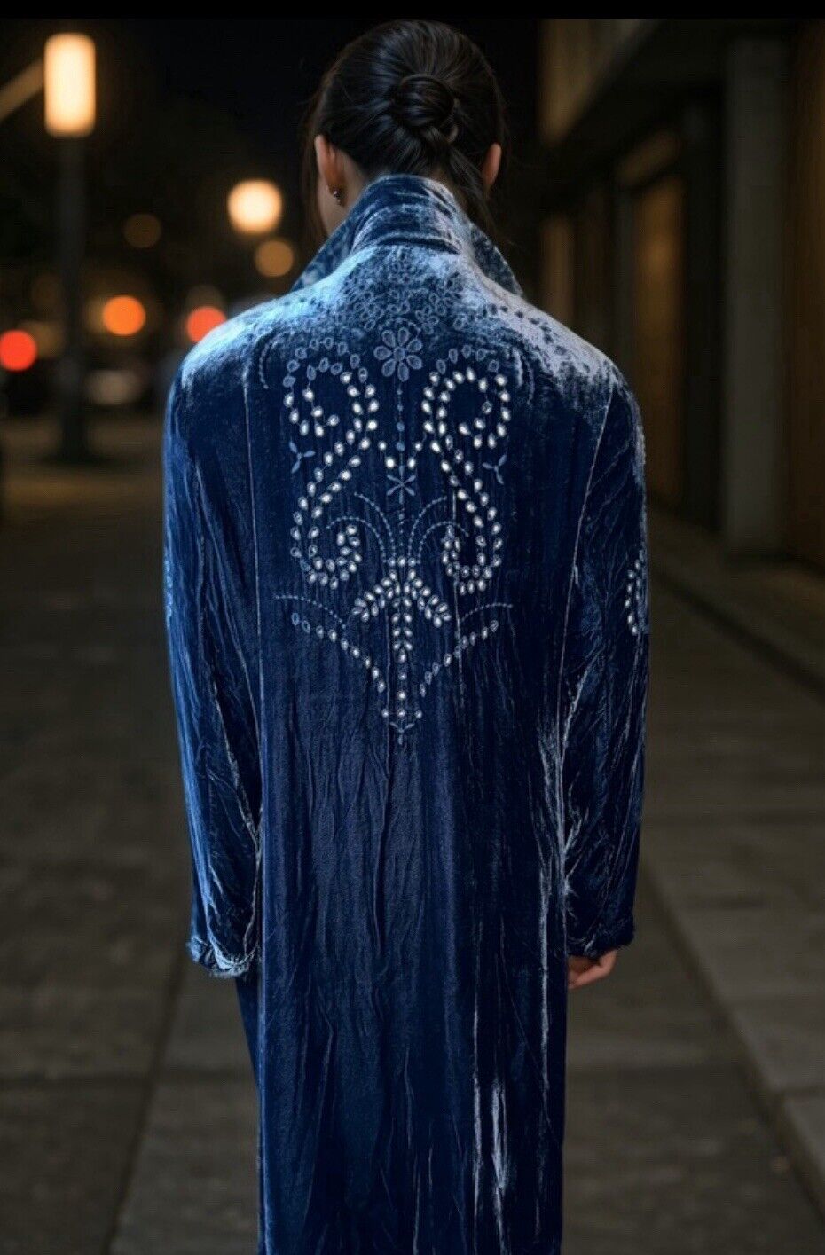 Johnny Was M Blue Velvet Long Kimono Duster Wrap Coat Eyelet Lace Cutout