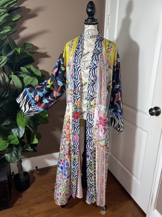 Johnny Was 100% Silk Long Kimono Wrap L Large Spring Floral Duster Robe