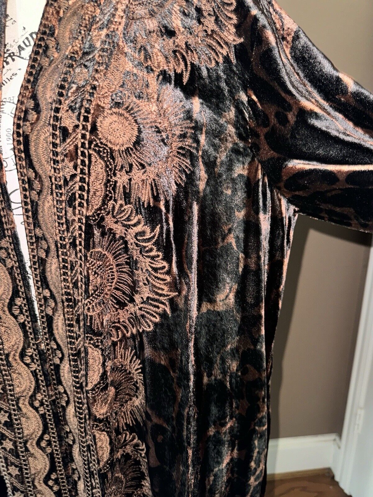 Johnny Was L Large Velvet Long Kimono Duster Wrap Leopard & Lace Jacket