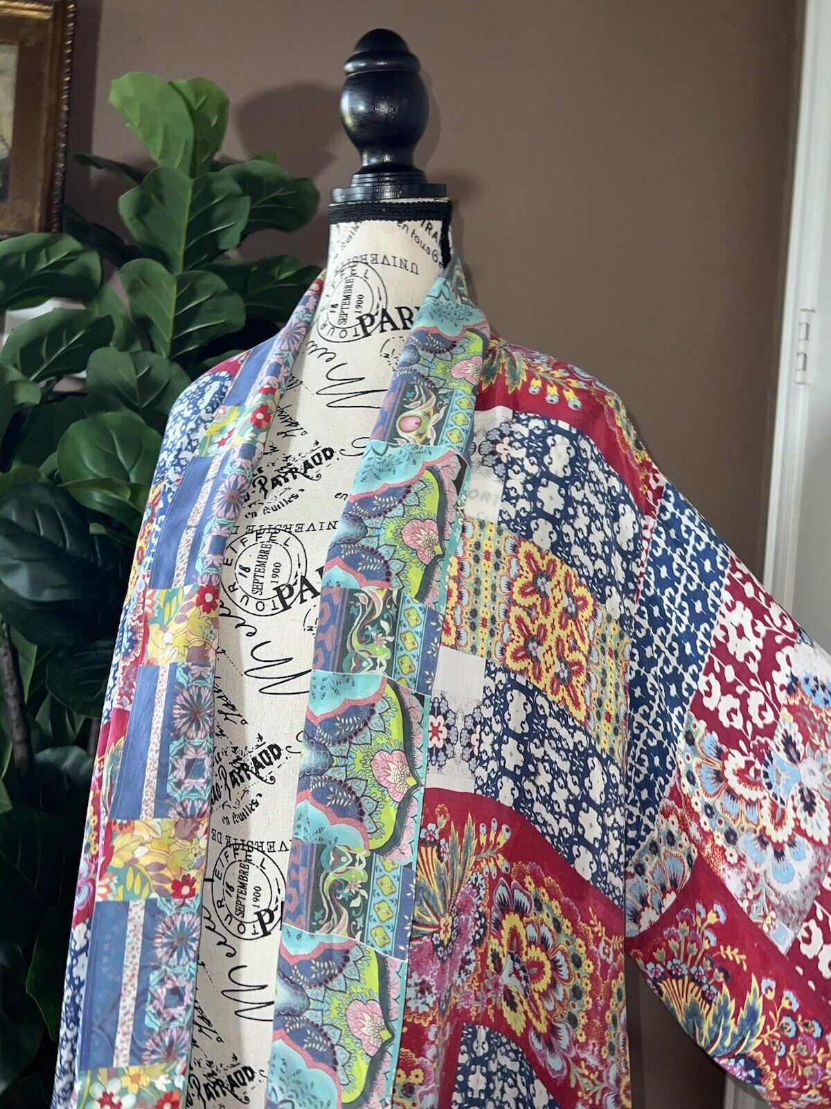 Johnny Was Silky Kimono XXL 2XL 2X Red & Blue Floral Patchwork W/ Pockets SOFT